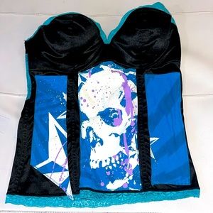 Handmade black blue punk rock skull lace bustier strapless top